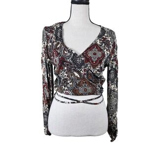 Juniper Blu Paisley Wrap Top Long Sleeve Rayon Boho Small Festival Cropped Chic